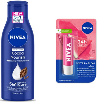 NIVEA Cocoa Nourish 75ml lotion & Watermelon lipbalm Set of 2(2 Items in the set)