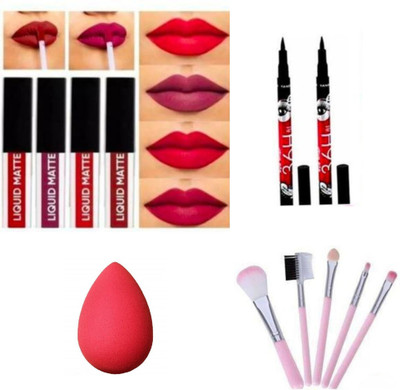 Geggsa Liquid matte Lipstick Red Edition with Eyeliner, Puff & Brushes AABC06(5 Items in the set)