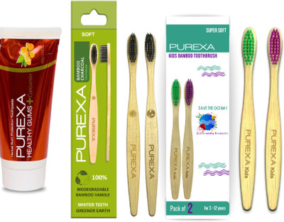 PUREXA Combo Pack of 1 Healthy Gums Toothpaste & 2 Bamboo Charcoal Toothbrush & 2 Kids Bamboo Toothbrush Extra Soft Tooth brush(5 Items in the set)