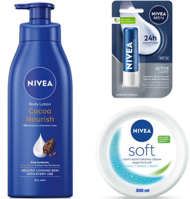 NIVEA COCOA NOURISH BODY LOTION 400 ML, ACTIVE CARE LIP BALM 4.8G & SOFT CREAM 300 ML(3 Items in the set)