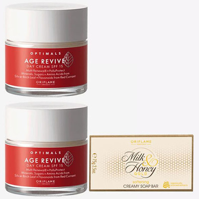 Oriflame OPTIMALS Age Revive Day Cream SPF 15 50 ml ( pack of 2 ) with MILK & HONEY Soap 100g(3 Items in the set)