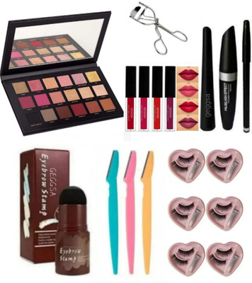 Geggsa Eyeshadow palette, liquid lipstick, eyebrow shaper and eyelash curler (Pack of 12)(1 Items in the set)