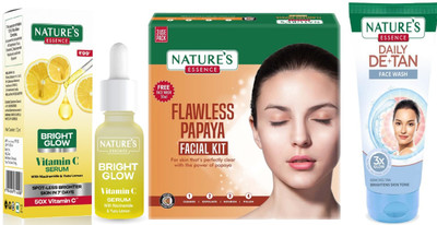 Nature's Bright Glow Vitamin C Serum (12ml)Advanced Flawless Papaya Facial Kit (60g)Daily De-Tan Gel Face Wash (50ml)(3 Items in the set)