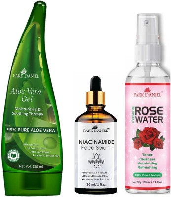 PARK DANIEL Multipurpose Aloe Vera Gel 130m, Niacinamide Face Serum 30ml & Rose Water 100ml(3 Items in the set)