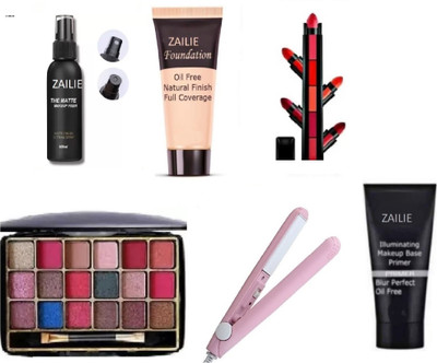Zailie 18 Colors Eyeshadow, 5 in 1 Lipstick ,primer ,Foundation ,Fixer Mini Straightener(6 Items in the set)