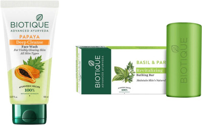 BIOTIQUE Papaya Face Wash 150 ML & Basil & Parsley Revitalizing Bathing Bar 150g(2 Items in the set)