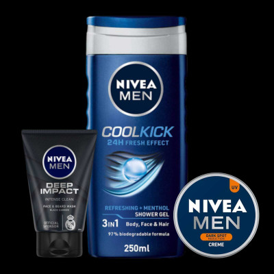 NIVEA Deep Impact Face Wash 100ML Cool Kick Sw 250 ML & Men Cream 30ML(3 Items in the set)