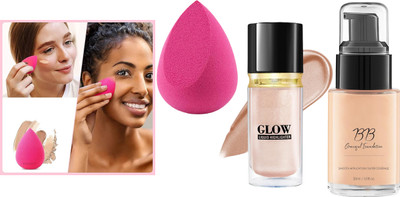 Sheny ALL Foundation, Beauty Blender AND LIQUID HIGHLIGHTER (SET OF-3)(3 Items in the set)