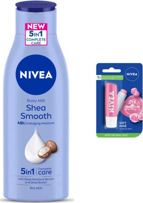 NIVEA Shea smooth Milk 200ml And Soft Rose Shine lip balm(2 Items in the set)