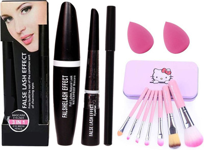 SumSh Mini Pink Makeup Brush Set (Pack of 7), Eyebrow Pencil With Eyeliner and Mascara (3 IN 1), 2 Spounge(6 Items in the set)