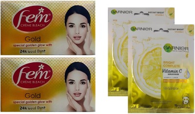 Fem Gold Bleach Cream 2 pc , each 40 gm with Bright Complete Vitamin C face Mask 2pc(4 Items in the set)