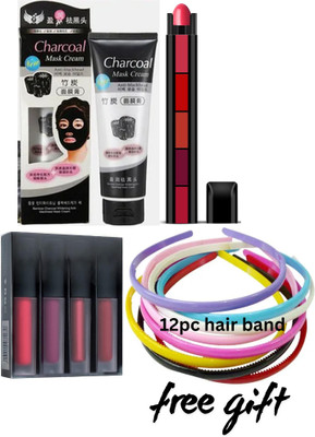 swenky red edition lipstick with 5in1 creamy lipstick & charcoal face mask with 12pc multi color hair band(18 Items in the set)