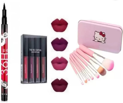 Jollity Beauty Red Edition Liquid Matte Lipstick & 36 Hour Deep Black Eyeliner & Pink Make Up Brushes Set(3 Items in the set)