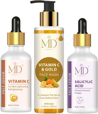 MD COSMETIC VITAMIN C FACE SERUM(30ML), SALICYLIC ACID FACE SERUM(30ML), VITAMIN C & GOLDFACEWASH(100ML) Pack of 3(3 Items in the set)