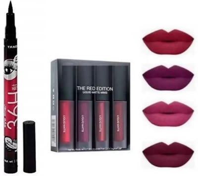 Blush Bronze 36 H Waterproof Liquid Eyeliner & Mini Matte Liquid Lipstick Red Edition(5 Items in the set)