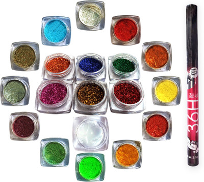 vizo Eyeshadow powder (Shimmer 12 Pack + Glitter 6 Pack) + Glue + Eyeliner(20 Items in the set)