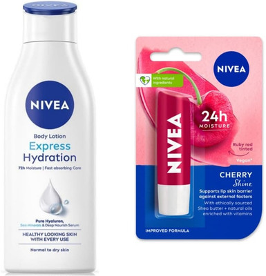 NIVEA Cherry Shine Lip Balm 4.8g & Express Hydration Lotion 75ml (Pack of 2)(2 Items in the set)