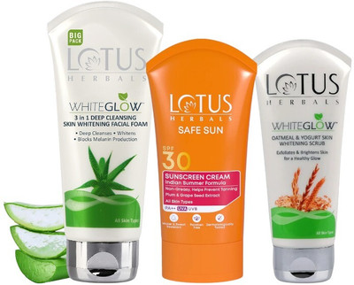 LOTUS HERBALS WhiteGlow 3 In 1 Facial Foam 200G, Oatmeal & Yogurt Scrub 100G with Safe Sun Sunscreen Cream SPF 30 PA++ 100G(3 Items in the set) LOTUS HERBALS WhiteGlow 3 In 1 Facial Foam 200G, Oatmeal & Yogurt Scrub 100G with Safe Sun Sunscreen Cream SPF 30 PA++ 100G(3 Items in the set)