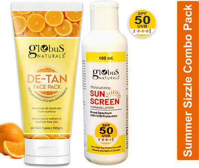 Globus Naturals Summer Sizzle Set - Sunscreen Lotion SPF 50++ 100 ml & De Tan Face Pack 100 gm(2 Items in the set)