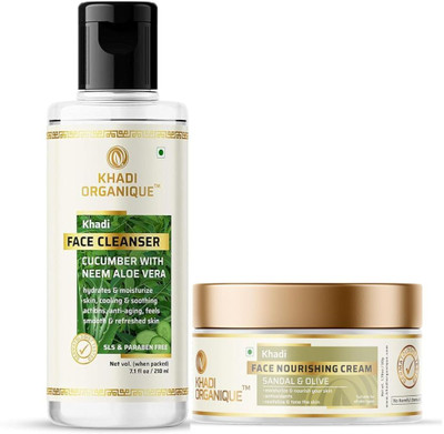 khadi ORGANIQUE Complete Skincare Set: Cucumber With Neem Aloe Vera Face Cleanser and Sandal & Olive Natural Face Moisturizing Nourishing Cream(2 Items in the set)