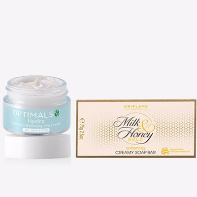 Oriflame OPTIMALS Hydra Seeing is Believing Eye Cream All Skin types 15 ml with MILK & HONEY GOLD Softening Creamy Soap Bar 100 g(2 Items in the set)