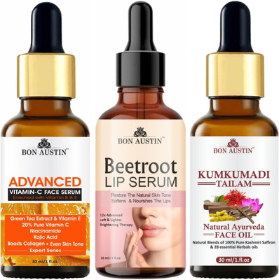 Bon Austin Advance Vitamin C Serum, Beetroot Lip Serum & Kumkumadi Tailam/Face Oil (Each, 30ml) Combo Pack of 3 Items(3 Items in the set)