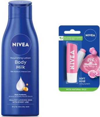 NIVEA Bodymilk 75ml lotion & Soft Rose lipbalm Set of 2(2 Items in the set)