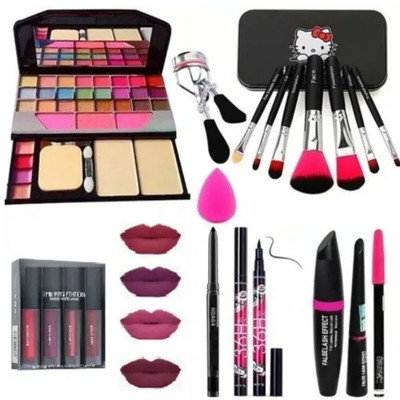 Pohok 6155 Make Up Kit & Eyelash Curler & Make Up Brushes Set & Red Edition Set Of 4 Lipstick & Kajal & 36 Hour Eyeliner & 3 in 1(10 Items in the set)