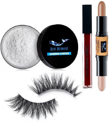BLUEMERMAID PROFESSIONAL MATTE LIPSTICK SILVER HIGHLIGHTER 2 IN 1 CONTOUR STICK & 3D EYELASHES BEST COMBO(4 Items in the set)