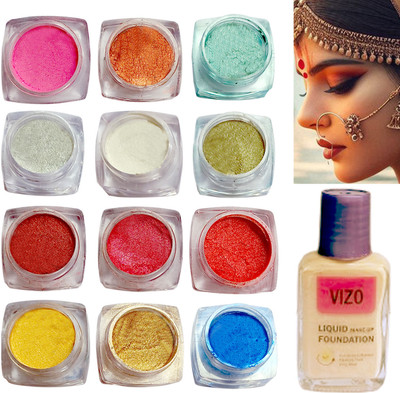vizo Multicolor Eyeshadow Shimmer Powder with Liquid Foundation Face Makeup(13 Items in the set)