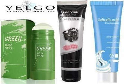 YELGO Pack of 3 Green Stick Mask Oil Control Anti Acne Eggplant Cleaning Solid Mask & Charcoal Mask & ice Mask(3 Items in the set)