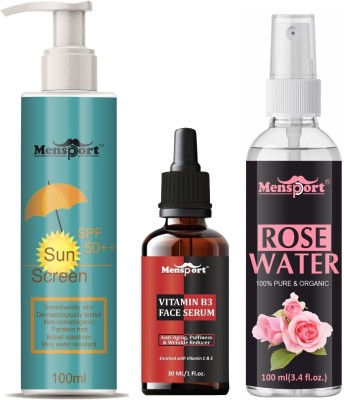 Mensport Broad Spectrum Sunscreen 100ML, Vit-B3 Anti Ageing Serum 30ML & Rose Water 100ml(3 Items in the set)