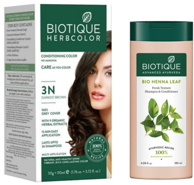 BIOTIQUE Conditioning Hair Color 3N Darkest Brown & Henna Leaf Shampoo 180 ML (2 Items in the set)
