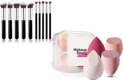 Facejewel Premium Synthetic Makeup Brush Set 10pcs + 4 pcs Storage Sponge Puff(15 Items in the set)