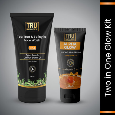 TRU HAIR & SKIN Alpha Glow Sunscreen With SPF-50: 50gm & Tee Tree Face Wash-100ml(2 Items in the set)