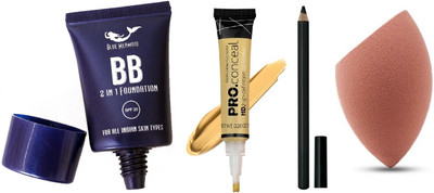 BLUEMERMAID BEST FOUNDATION + CONCEALER + BLACK PENCIL + MAKEUP BLENDER COMBO(4 Items in the set)