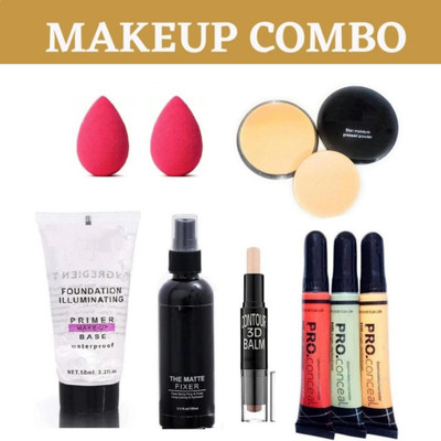 brown blush MAKEUP FIXER WITH PRIMER AND CONTOUR STICK WITH 3 PCS CONCEALER , COMPACT AND 2 PCS PUFF(9 Items in the set)