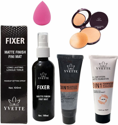 YVETTE Fixer Spray, Primer, Matte Foundation, Compact Powder and Blender Spounge(5 Items in the set)
