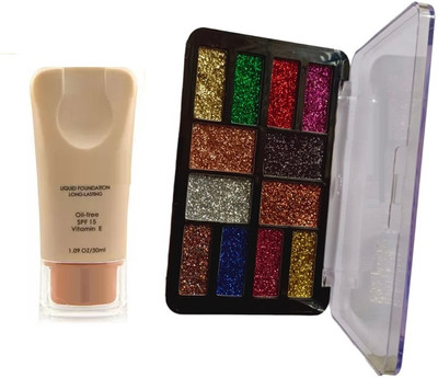 Emijun 12 color glitter eyeshadow combo with liquid foundatuion(2 Items in the set)