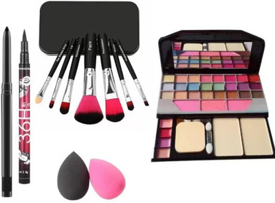 SUBHMUN Kajal & 36H Eyeliner, Puff with 7 BLACK Makeup Brushes include storage box(12 Items in the set)