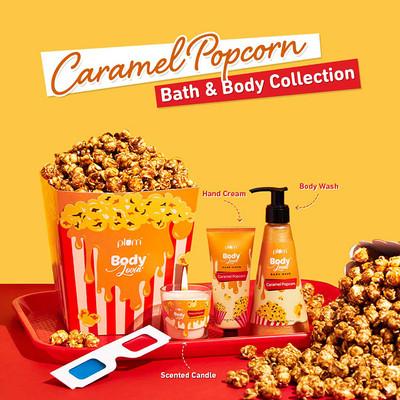 Plum BodyLovin' Caramel Popcorn Gift Set | Body Wash, Hand Cream & Scented Candle(3 Items in the set)