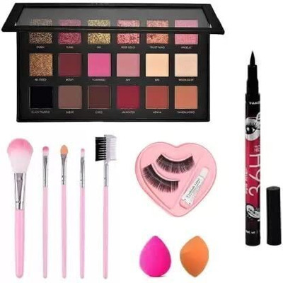 Saucefin Eyeshadow Palette With 5 Pc Makeup Brush Set, WaterProof 36 Hours Gel Eyeliner, Eyelash With Pack of 2 Sponge Puff(5 Items in the set)