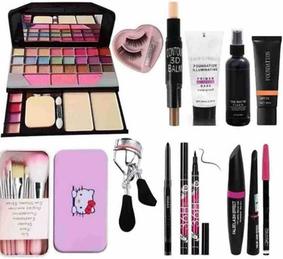 mkldsrh 6155 make up kit with brush eyelash curler 36 h eyeliner contour stick kajal eyeliner mascara primer fixer foundation(11 Items in the set)