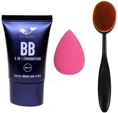 BLUEMERMAID NEW COMBO KIT FACE BEST BB FOUNDATION FOUNDATION BRUSH & BEAUTY BLENDER(3 Items in the set)