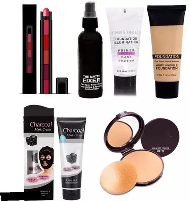 YELGO 5in1 Lipstick+Makeup Fixer+ Primer +foundation+Charcoal Face mask+Compact Powder(6 Items in the set)