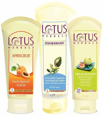 LOTUS Herbals Natural Face Care Combo ( Fruit Pack 120 gm+ Apri scrub 100gm + Jojoba wash 120gm)(3 Items in the set)