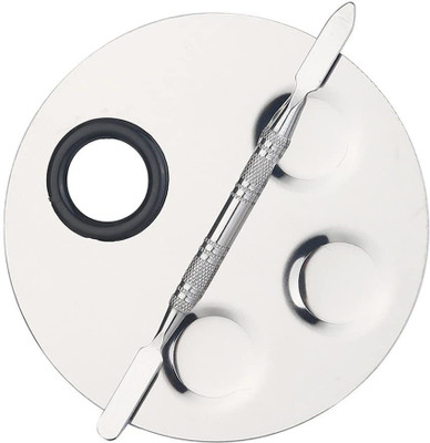 Beaute Secrets Cosmetic Makeup Palette with Spatula for Mixing Nail Art, Lipsticks, Foundations,Round with 3- Wells Silver(2 Items in the set)