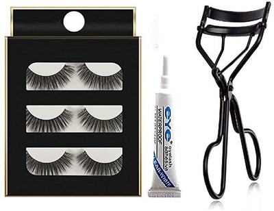HINSHITSHU Black Handmade Natural Thick Long Polyester False Eyelashes with Eye Glue and eyelash curler(3 Items in the set)