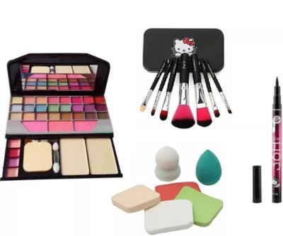 Pro Swiss 6155 Make Up Kit & Make Up Brushes Set & 6 in 1 Family Pack Puff & 36 Hour Deep Black Eyeliner(4 Items in the set)