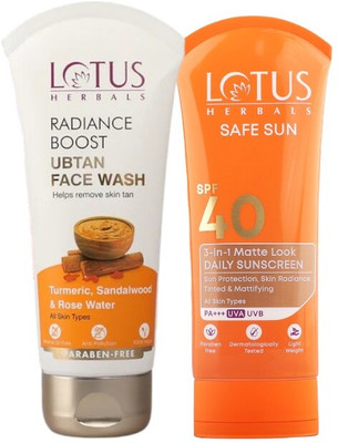 LOTUS HERBALS Radiance Boost Ubtan Facewash 100G with Safe Sun 3 In 1 Matte-Look Daily Sunscreen SPF 40 PA+++ 75G.(2 Items in the set) LOTUS HERBALS Radiance Boost Ubtan Facewash 100G with Safe Sun 3 In 1 Matte-Look Daily Sunscreen SPF 40 PA+++ 75G.(2 Items in the set)